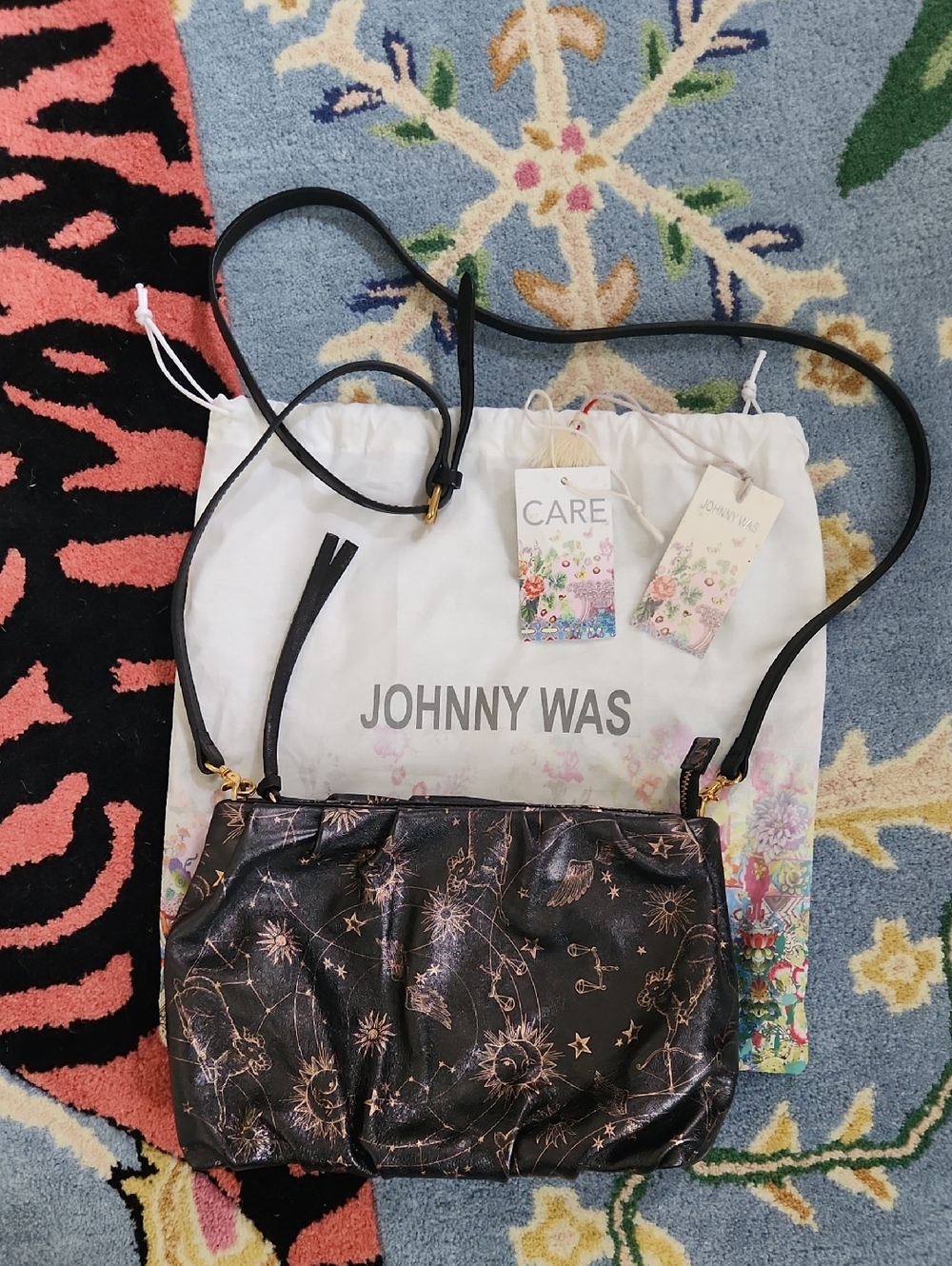 Johnny Was Black Leather Crossbody with Metallic Gold Celestial Print